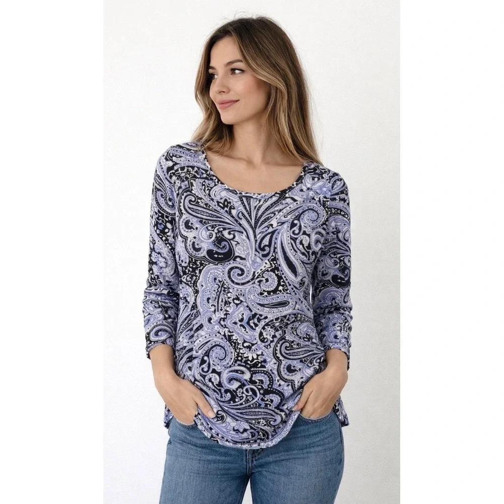 Travel Cruise Womens Blue Paisley 3/4 Sleeve Scoop Neck Top Size
M no wrinkles - Picture 1 of 7